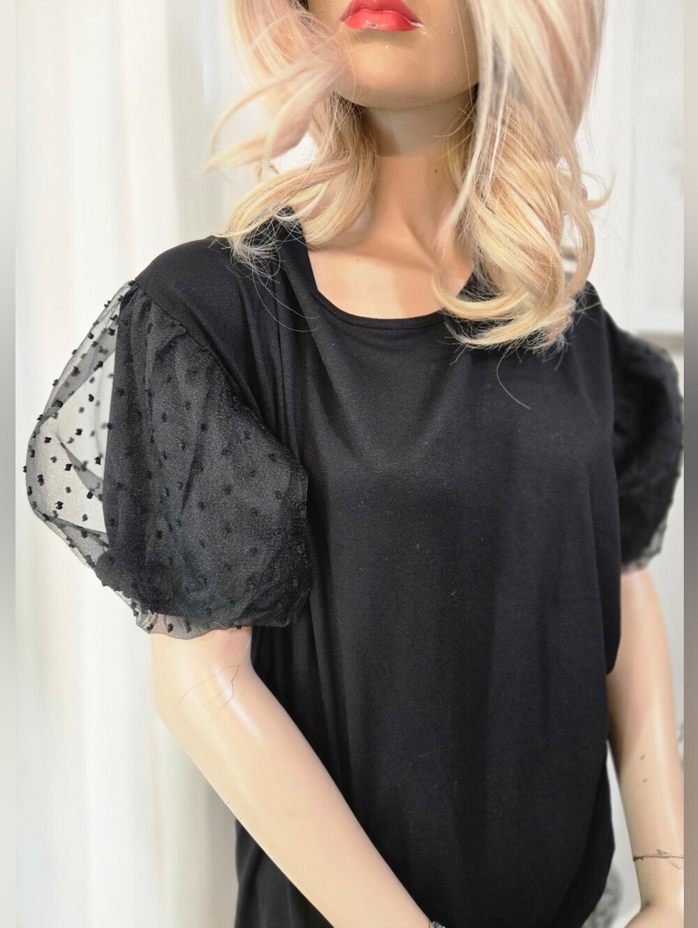 Lace Polka Dot Puff Sleeve Black Blouse.  BAND NEW With Tags